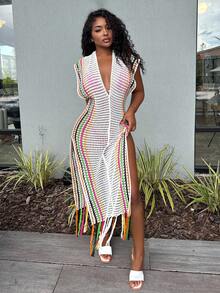 Alexandranx Halter Neck Knit See-Through Dress Maxi Women Outfit - White - View 1
