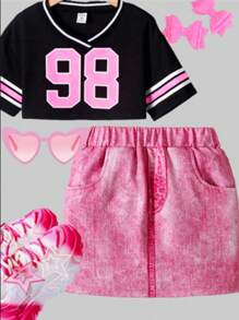 SHEIN 2025 Mädchen 4-7J Cartoon Regenbogen Wolke Einhorn Bunt Digital Muster Jeans Optik Mini Rock