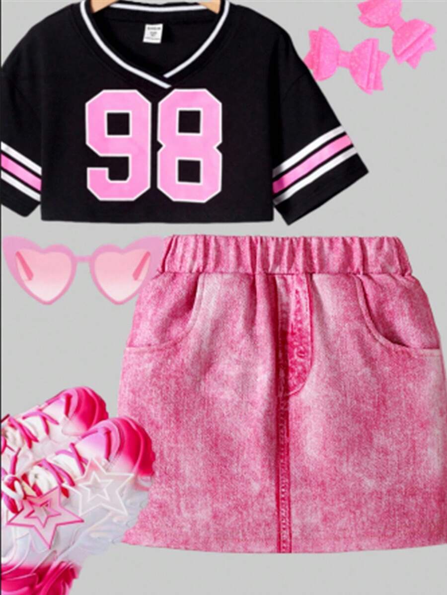 SHEIN 2025 Mädchen 4-7J Cartoon Regenbogen Wolke Einhorn Bunt Digital Muster Jeans Optik Mini Rock