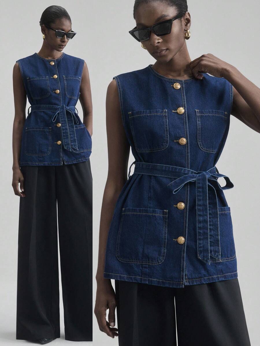 Ontre 2026春夏女士牛仔夹克，收腰设计，金属纽扣，无袖，优雅都市时尚，圆领单排扣多口袋休闲无袖牛仔夹克，时尚百搭牛仔夹克