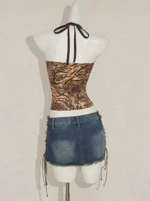 SHEIN ICON Áo hở lưng cổ chữ V sâu màu vàng nâu bó sát, phong cách hiện đại Y2K, phong cách cổ điển gợi cảm, thời trang xuân hè cho nữ, họa tiết da báo cá nhân hóa, họa tiết hổ, màu tương phản, thời trang thiên niên kỷ - màu nâu - Xem 2