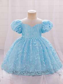 Glamorique Kids Baby Girls Light Blue Floral Summer Elegant Flower Girl Puff Sleeve Bow Embroidery Mesh Tulle Princess Dress,Wedding Party 1st Birthday Puffy Dress - Blue - View 3