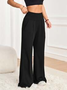 Dewbera Quần tập yoga ống loe rộng rãi có túi dành cho nữ, quần chạy bộ thể dục ngoài trời màu trơn thường ngày - màu đen - Xem 3