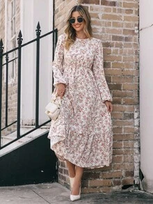 EMERY ROSE 女士圆领碎花长袖节日连衣裙长款女装 - 杏色 - 查看 5