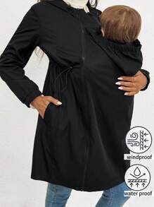SHEIN Maternity Solid Color Drawstring Hooded 3-In-1 Nursing Jacket - Black - View 2