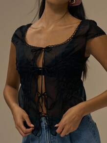 MUSERA Scoop Neck Chiffon Ruched Tie Front Top Fall Cute Streetwear Festival Farmhouse Country Vintage Fall Autumn Holidays Summer Spring - Black - View 2