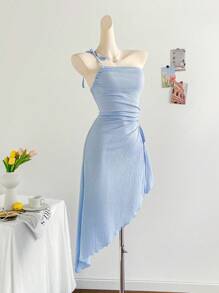 Soleia 女士单肩系带抽绳镂空腰不对称斜下摆中长款度假连衣裙，适合度假、下午茶、音乐节、波西米亚风 - 淺藍色 - 查看 3