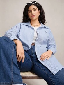 Zelara 大码休闲条纹前扣长袖衬衫 - 藍白色 - 查看 4