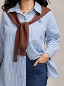 Zelara 大码休闲条纹前扣长袖衬衫 - 藍白色 - 查看 1