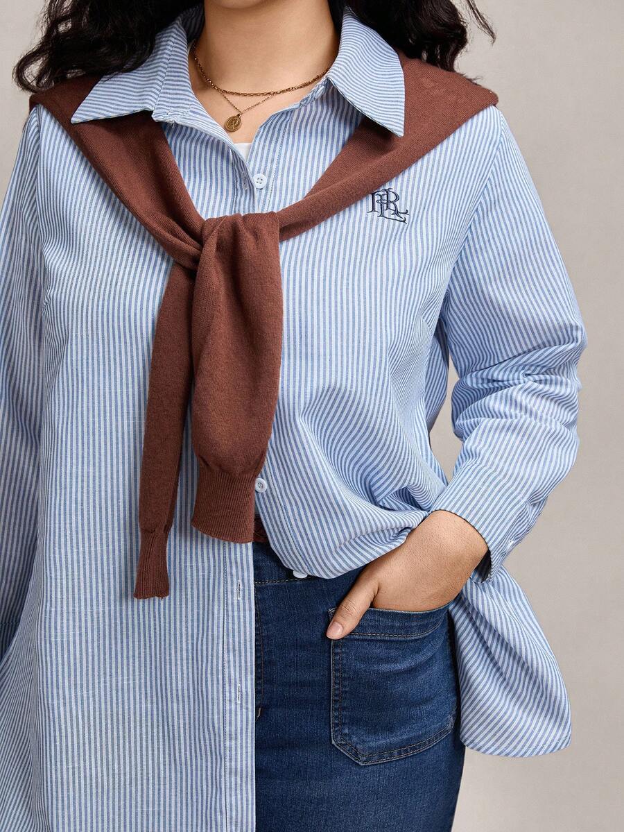 Zelara 大码休闲条纹前扣长袖衬衫 - 藍白色 - 查看 1