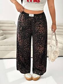 SHEIN EZwear 大码女式豹纹字母贴花口袋阔腿休闲裤 - 彩色 - 查看 8