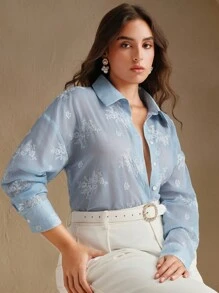 Anewsta Elegant Lace Patchwork Embroidery Striped Long Sleeve Shirt For Women, Hollow Back Design, Lightweight Sun Protection Top For Summer - Baby Blue - View 4