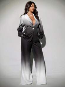 Viva Relle 大码渐变色喇叭裤，优雅西装套装 - 黑與白 - 查看 1