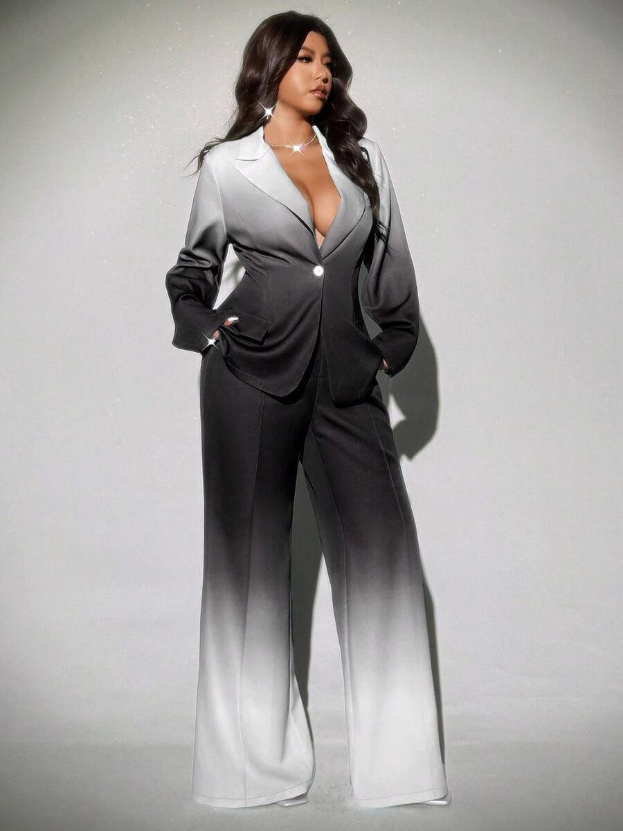 Viva Relle 大码渐变色喇叭裤，优雅西装套装 - 黑與白 - 查看 1