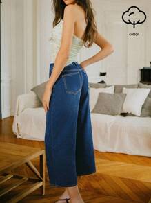 SHEIN Unity Women Dark Denim Cotton Low Waist Boyfriend Fit Jeans With Pockets Capris For Women Teacher Outfits - Dark Wash - View 1