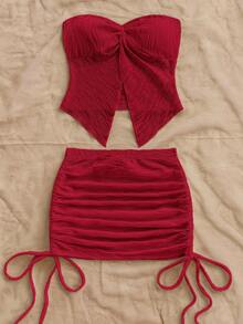 Soleia 女士纯色扭结抹胸上衣和侧抽绳迷你裙性感两件套 - 酒紅色 - 查看 5