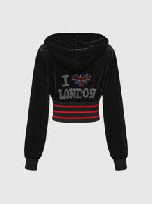 ROMWE J-Fashion Y2K Baddie Abby 旗帜英国水钻天鹅绒紧身女式运动衫 - 黑色 - 查看 6