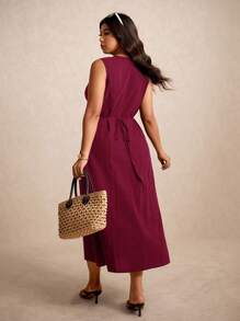 Elaquor Große Größen einfarbiges ärmelloses Lässig Urlaubskleid - Bordeaux - Übersicht 2