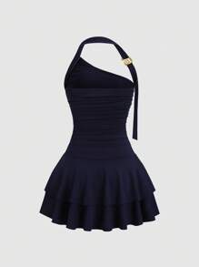 Sweetra New Halter Spiral Metal Decor Waist Cinched Flared Cake Hem Mini Dress For Women - Navy Blue - View 2