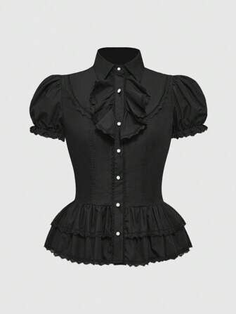 Kawaii Lolita Style Solid Color Ruffle Puff Sleeve Women Blouse