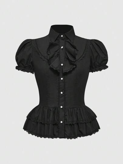 Kawaii Blusa de mujer con mangas abullonadas y volantes de unicolor, estilo Lolita
