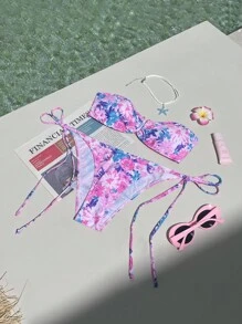 SHEIN Swim Summer Beach Women's Flower Print Bikini Set With Ruched Bust, Side Tie Bikini Set Strapless Bikini Set - Multicolor - View 7