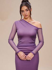 Modelyn 女士优雅闪光不对称领口连衣裙 - 淺灰紫 - 查看 6