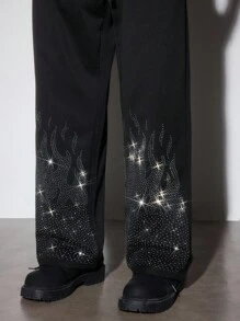 ROMWE MEN Street Life Pantalon de survêtement à jambe droite pour hommes avec un design effet flamme et strass dans un style américain de rue - Noir - Voir 2