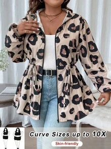 SHEIN CURVE+ Curve Plus 大码/秋装/秋季女装/女冬装/冬装Curve Plus 冬秋季长袖豹纹连帽休闲夹克，腰部抽绳，适合秋冬季，女装秋季女装，冬季，CURVE PLUS 豹纹夹克女式动物印花夹克豹纹连帽夹克大码豹纹夹克女式豹纹外套 - 彩色 - 查看 8