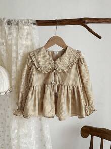 Vintaside Kids 女童彼得潘领衬衫，长袖，可爱时尚，百搭春秋休闲衬衫，田园风，可拆卸蝴蝶结装饰，优雅甜美 - 卡其色 - 查看 3