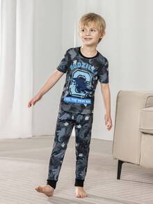 GODZILLAxKONG X SHEIN 2pcs Young Boy Snug Fit Cartoon Graphic Crew Neck Short Sleeve Top And Pants Knit Comfortable Casual Sleepwear Pajama Set - Black - View 4