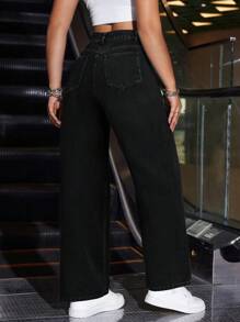 SHEIN ICON 女士口袋宽松阔腿休闲百搭牛仔裤 - 黑色 - 查看 2