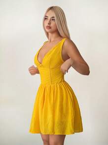 Sweetina Vestido mini de mujer amarillo con bordado, decoración de lazo, cuello en V, corte A, estilo pastoral elegante de verano - Amarillo - Ver 4