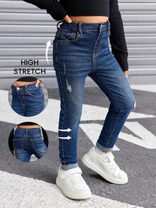 SHEIN Young Girl Vintage Blue Ripped Denim Jeans, Cool Girls Thanksgiving Fall And Winter Clothes - Dark Wash - View 5