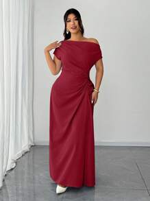 Elenzga Vestido elegante ajustado con hombros caídos y drapeado para tallas grandes - Rojo - View 4