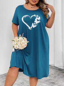 SHEIN CURVE+ Curve Plus 红色心形印花长裙，情人节 - 綠色 - 查看 8
