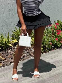 Alexandranx Women Black Velvet Cute Ruffle Layered Mini Skirt For Winter Party - Black - View 3