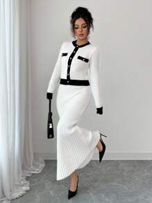 Selianne Women's Autumn Knit Sweater Cardigan&Skirt Two Pieces Set,White And Black Contrast Color Ellegant Tea Party Long Sleeve Stockholm Style Office Wear - Multicolor - View 1