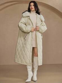 DAZY 女式长款毛领拼接棉衣 秋冬 - 米色 - 查看 3