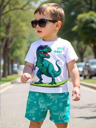 SHEIN Playful Pals 1 set Tenue décontractée mignonne de style dessin animé pour bébés garçons, T-shirt avec imprimé lunettes de soleil, dinosaure et "LET'S ROAR", short avec imprimé croquis de dinosaure. Ensemble t-shirt à manches courtes col rond et short, été