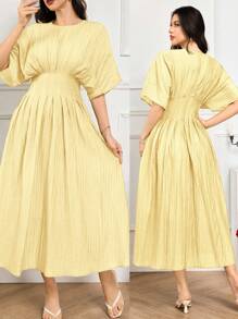 Modelyn Women's Elegant Ruched Waist Dress - Mustard Yellow - View 2
