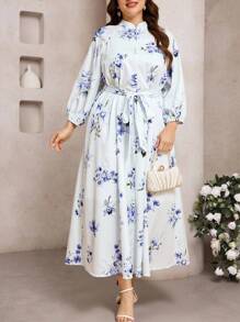 Modelyn Robe élégante à manches lanternes avec imprimé floral pour femmes grande taille - Multicolore - Voir 3