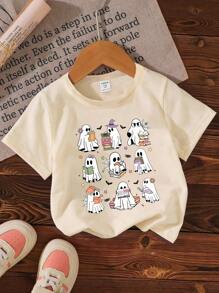 SHEIN Playful Pals 女童基础款短袖幽灵印花T恤，浅粉色字母蝴蝶结印花圆领短袖休闲T恤，夏季返校季，适合返校、万圣节、动物印花、万圣节服装、学校、返校、小狗图案T恤、夏季假日万圣节 - 杏色 - 查看 3