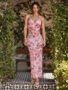 L'Amorae Gaun Bodycon Halter Motif Bunga untuk Wanita, Gaya Liburan - Merah - View 1