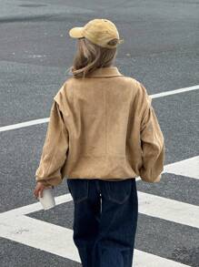 SHEIN EZwear 女式纯色简约休闲长袖夹克 - 棕色 - 查看 2