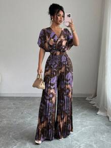 Elenzga 女式夏季度假风格全印花V领蝙蝠袖褶皱阔腿连体裤