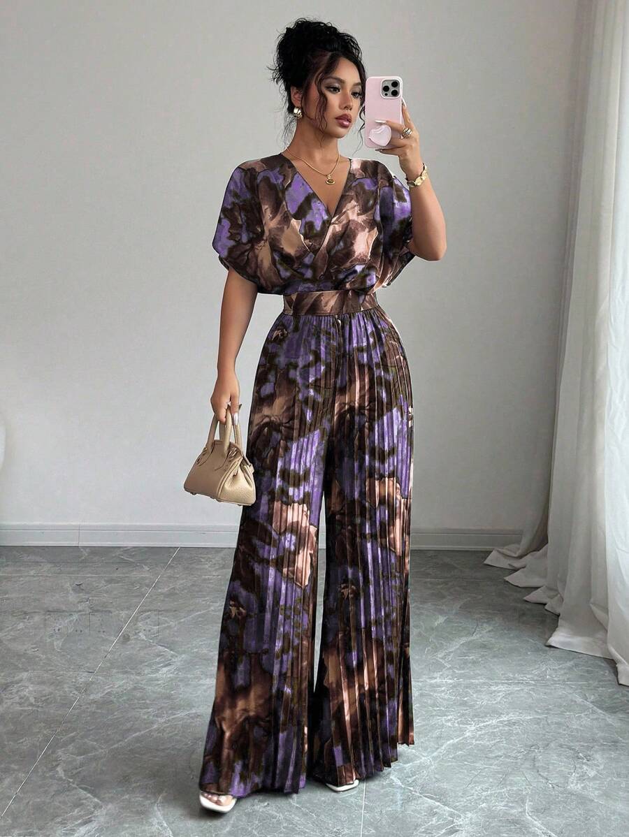 Elenzga 女式夏季度假风格全印花V领蝙蝠袖褶皱阔腿连体裤