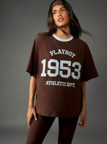 Missguided x Playboy Áo thun cổ tròn phong cách đại học cổ điển cỡ lớn họa tiết Collegiate 1953, cổ tròn, thu đông, thường ngày, áo phông cơ bản, màu nâu trắng tương phản - màu nâu - Xem 4