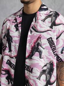 GODZILLAxKONG X SHEIN 男士休闲街头度假风格怪物和字母印花翻领短袖宽松衬衫，夏季 - 白色 - 查看 6