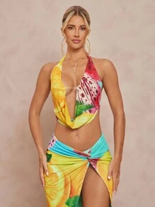 Lumalex Herbst, bescheiden, altes Geld, kokett, glitzernd, Urlaubsparty-Outfit, Rave, Festival, Ausflug, Schwimmen, Urlaub, Bohemian, BOHO, Meer, Strand, heiß, Outdoor, reich geschichtet, Hochzeitssaison, Bankett, Zeremonie zum Erwachsenwerden, Strand, Meer, 2 Stücke Set, Neckholder-Top mit tropischem Blumen- und Fruchtdruck und hochgeschlitzter, tief taillierter Rock für Damen